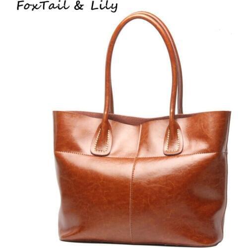FoxTail & Lily Oil Wax Cowhide Ladies Tote Bags Handbags Women Famous Brands Genuine Leather Vintage Shoulder Bags High Quality