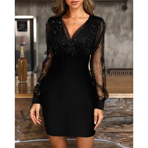 2021 Sexy Long Sleeve Slim Elastic Casual Summer Autumn Lace Dress Deep V Neck Women Dress Short Pleated Party Dresses
