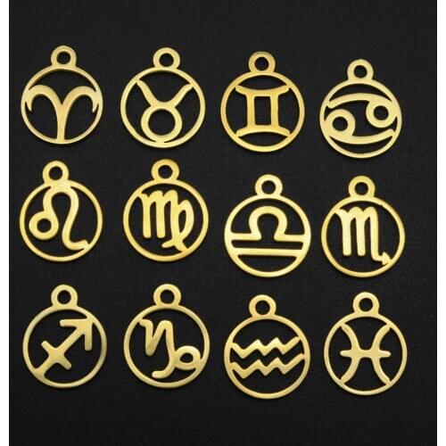 10pcs/lot Gold Laser Zodiac Sign Charms Stainless Steel Horoscope Icon DIY Metal for Bracelet Necklace Jewelry Making Tag
