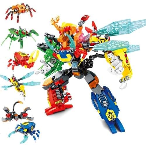 650pcs Insect 6 in 1 Transformation Beast Robot Mecha Dinoking Building Block Animal Bricks Toy For Children