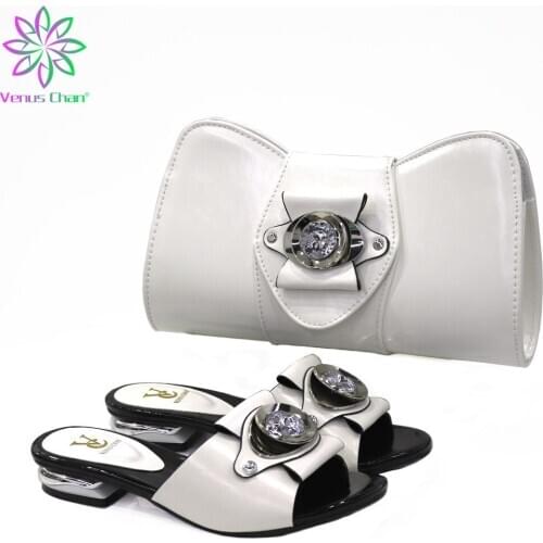 White Color 2021 Newest PU Leather Slipper Shoes And Bag To Match Set Summer Italian Style Shoes And Bag Set For Party 4 Colors