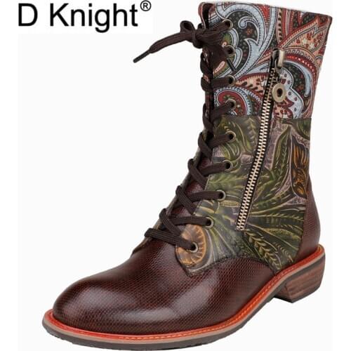Genuine Leather Bohemian Personality Lace-Up Lady Shoes Short Boots 2021 Autumn Spring Thick-Heeled Ankle Riding Boots For Women