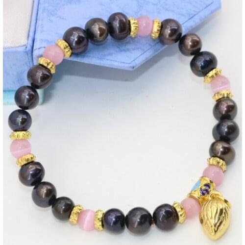 4 style 7-8mm natural black pear nearround beads beaded bracelets women girls gifts gold-color cloisonne jewelry 7.5inch B2800