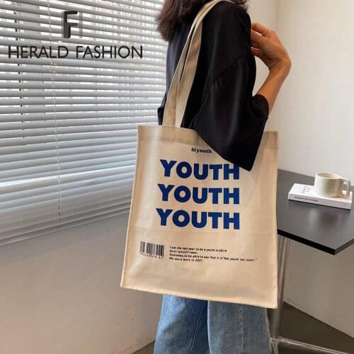 Women Canvas Shopping Bag Youth Letters Print Female Cotton Cloth Shoulder Bag Eco Handbag Tote Reusable Grocery Shopper Bags