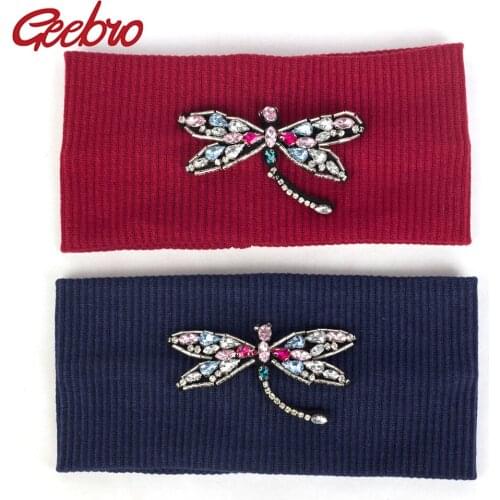 Geebro New Headwear Knitted Crochet Women Dragonfly Headband Ear Warmer Thick Elastic Hair Band For Womens Wide Hair Accessorie