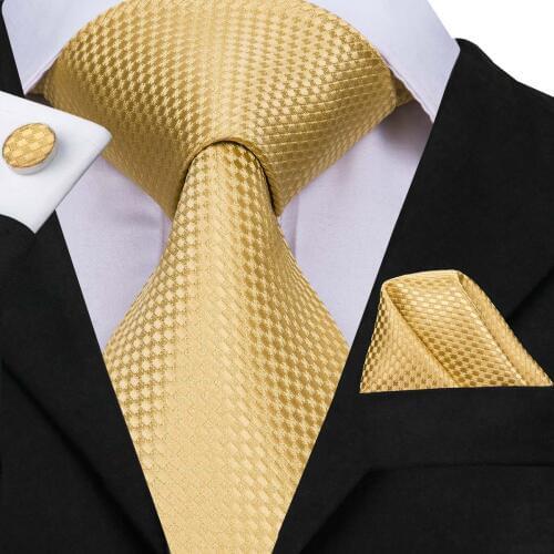 Hi-Tie Hot Sale Neckties For Men New Fashion Style Gold Jacquard Woven Ties Pocket Square Cufflinks Suit Wedding Party C-3055