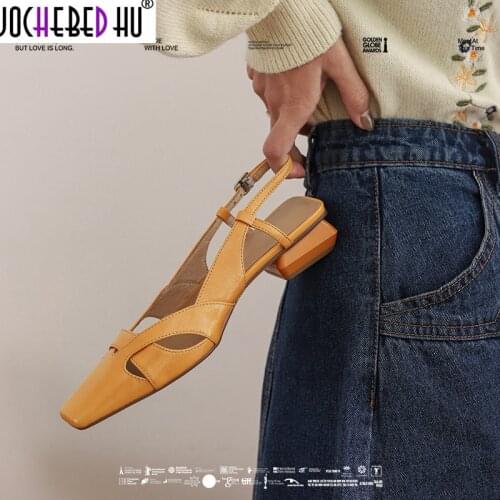 【JOCHEBED HU】2021 New full grain leather small square toe stiletto high heels elegant lady daily wear buckle strap fashion women