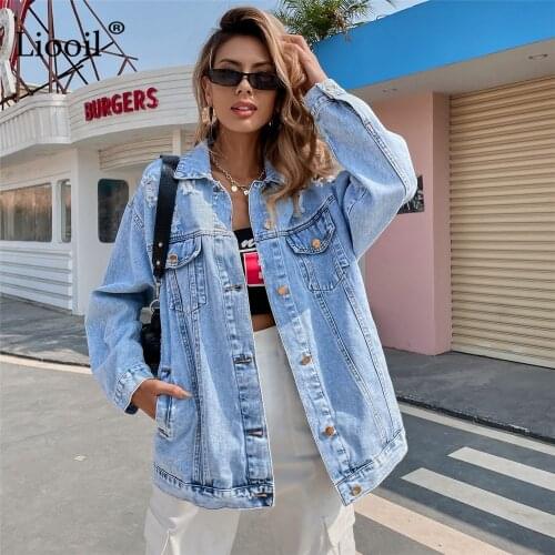Liooil Ripped Denim Jacket For Women 2021 Streetwear Blue Jean Jackets With Button Pockets Long Sleeve Loose Casual Coat Spring