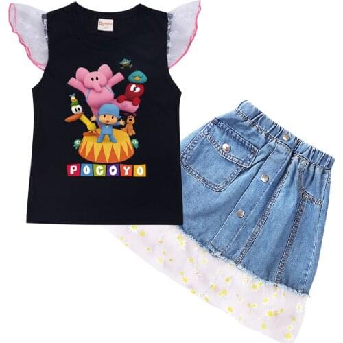 2021 Summer Kids Pocoyoe Clothes Girls Short Sleeve T-shirt Tops + Denim Skirt Sets Birthday Clothing Children Cartoon Outfits
