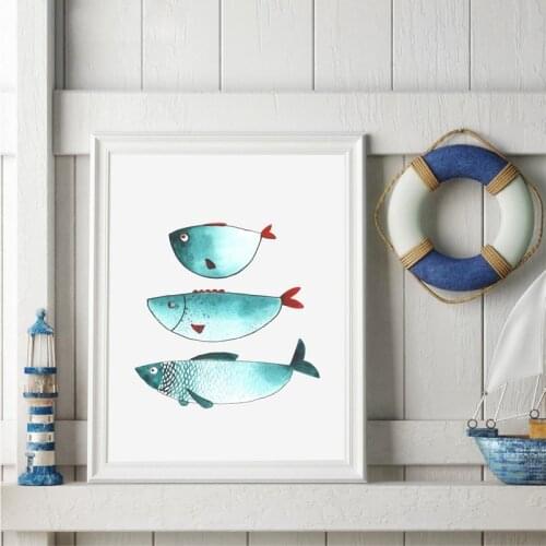 Cartoon Funny Fishes Canvas Prints Post In Fashion Turquoise And Red Colors Art Pictures Ocean Style