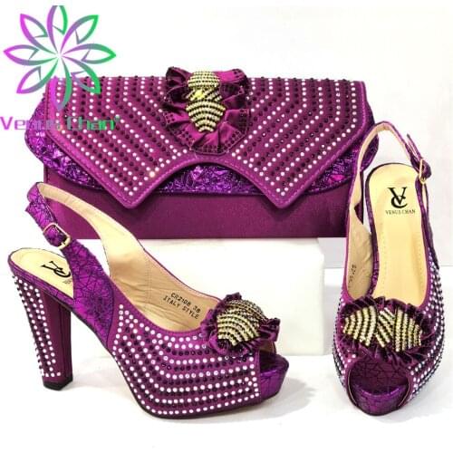 New Arriva Italian Design Phoenix Shape Metal Decoration Style Party Women Shoes and Bag Set With Platform in Purple Color