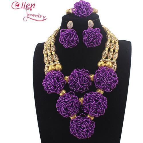 New Bib Purple dubai Crystal beads necklace Sets for women Nigerian African Wedding Bridal beads Jewelry Set W14039