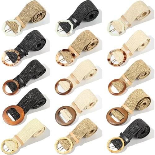 Vintage Bohemian Wide Straw Belt PP Straw Elastic Waist Chain Wooden Buckle Wild Braided Belt Female Shirt Dress Fake Straw Belt