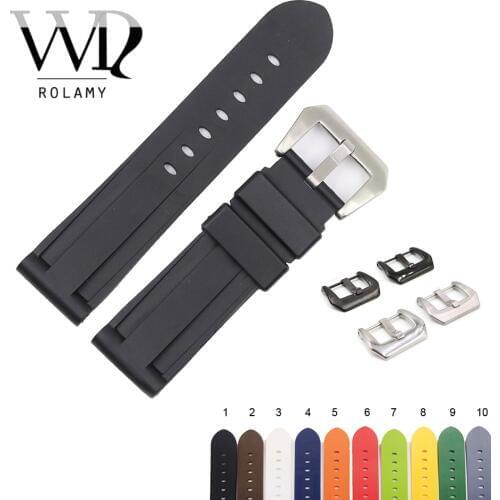 Rolamy 22 24mm Black White Brown High Quality Waterproof Silicone Rubber Replacement Watch Band Loop Strap For Panerai Luminor