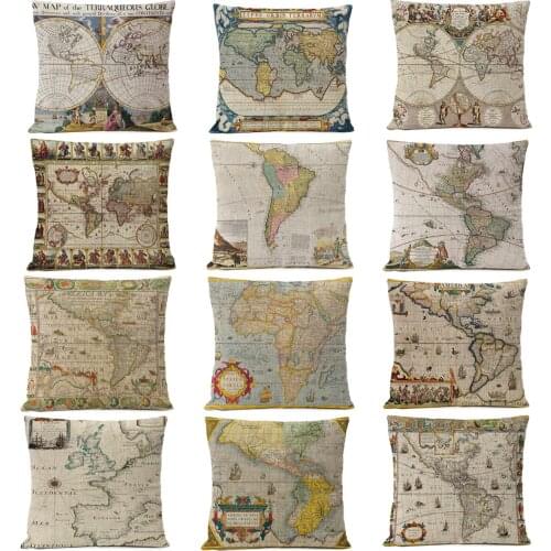 Retro Ancient World Map Pillow Cover Cushion Home Decorative Linen PillowCase Office Sofa Cushions