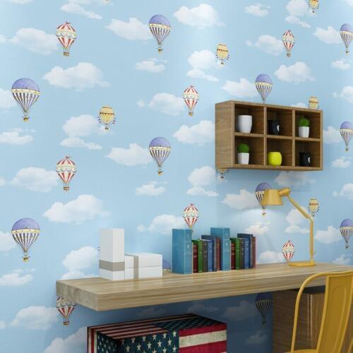 Romantic Cartoon Blue Sky White Clouds Hot Air Balloon Children Room Bedroom Wall Decor PVC Wearable Waterproof Vinyl Wallpaper