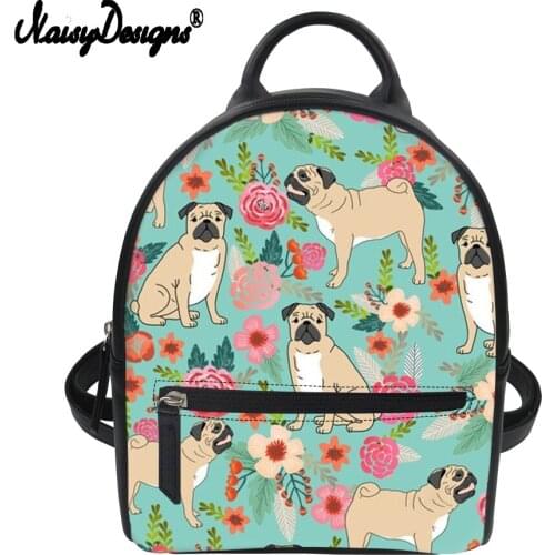 NOISYDESIGNS Pug Dog Flowers Pattern Backpacks for Teenage Girl Stylish PU Leather Small Women Backpack Student School Bag Bolsa