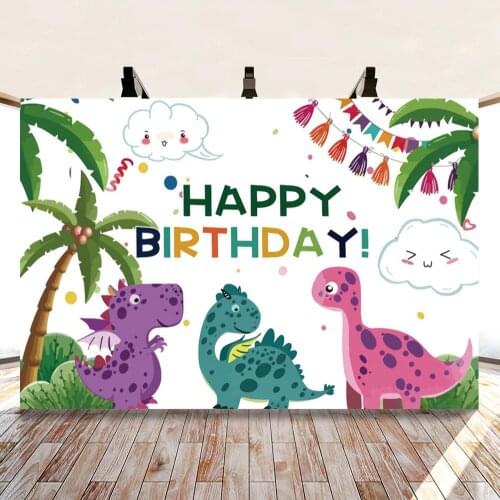 Cute Dinosaur Coconut Tree White Clouds Cartoon Background Baby Birthday Party Decoration Studio 3D Digital Backdrop Cloth