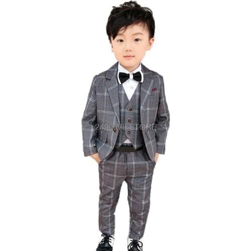 Flower Boys Wedding Suit Children Formal Tuxedos Jacket Vest pants Bowtie 4Pcs Kids Performance Host Dance Party Dress Costume