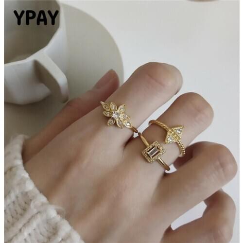 YPAY Real 925 Sterling Silver Open Rings For Women Korean Gold Plated Double Triangle Flower Square Finger Ring Jewelry YMR869