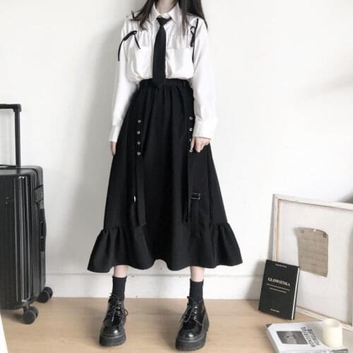 Ginzagirl Autumn Women Skirts High Waist Student Korean Style Dark Vintage Ruffle Long A-line Skirts Women Preppy Fashion Trend