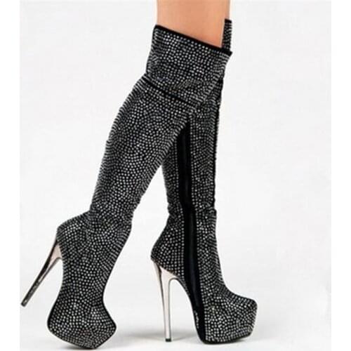 Hot Woman Platform Black Bling Bling Sequins Diamond Over The Knee Thigh High Heels Botas Feminina Dance Show Shoes Woman Size49