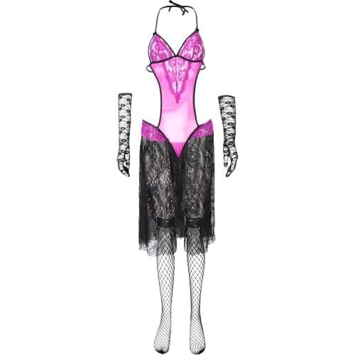 Women Sexy Mesh Patchwork Lingerie Pajama Dress with Lace Gloves Mesh Socks Set