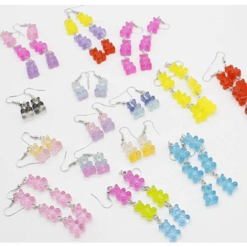 2020 new cute cartoon bear handmade resin earrings, unisex creative transparent colorful sweet earrings
