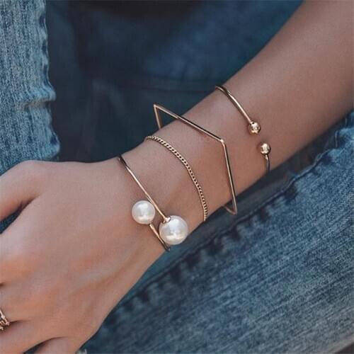 4 Pcs/Set Trendy Gold Color Imitation Pearl Geometric Bohemian Link Chain Bracelet Set Vintage Bracelets for Women Jewelry