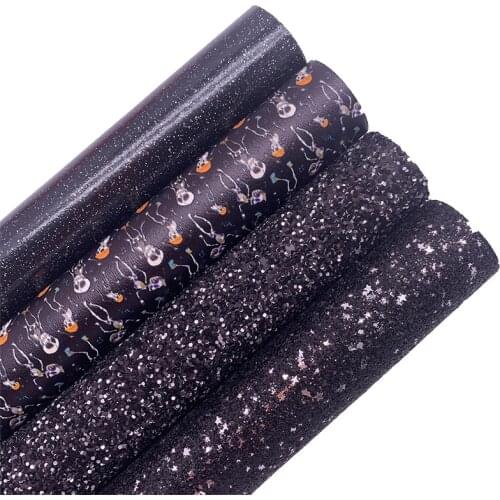 Black Chunky Glitter Leather with Stars Skeletons Printed Faux Leather Fabric Sheets Smooth Glitter Vinly for DIY 21X29CM 6S117C