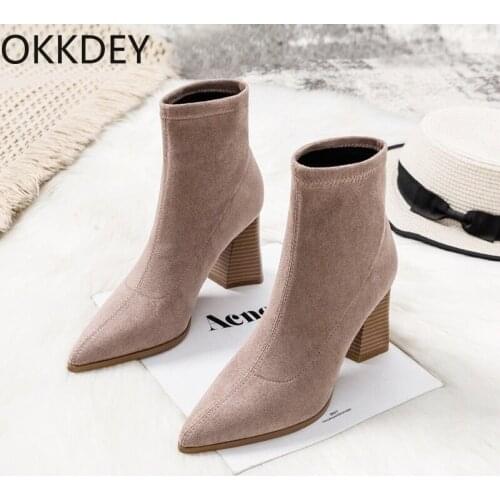 Spring and autumn single boots 2020 autumn and winter new pointed thick heel nude boots net red thin boots elastic boots shoes
