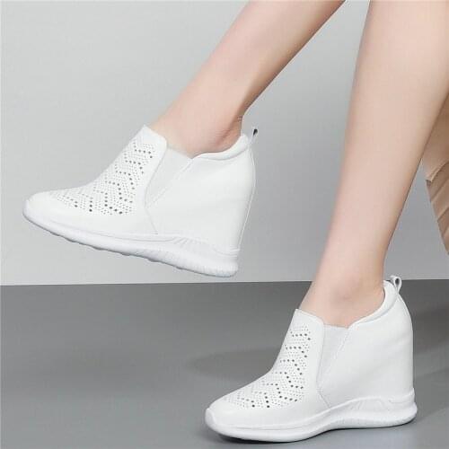 Breathable Fashion Sneakers Women Genuine Leather Wedges High Heel Ankle Boots Female Round Toe Platform Pumps Shoe Casual Shoes