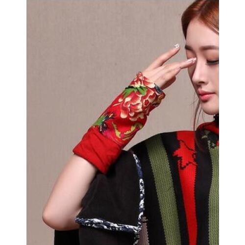 Cotton and linen printed fabric wristband national wind plus velvet warm gloves Chinese style features fingerless gloves female