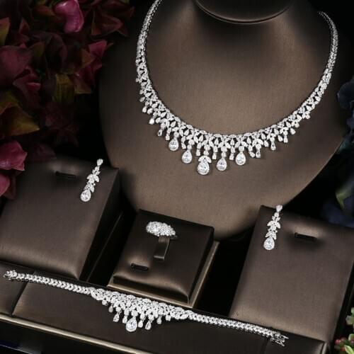 Janekelly 4pcs Bridal Zirconia Full Jewelry Sets For Women Party, Luxury Dubai Nigeria CZ Crystal Wedding Jewelry Sets