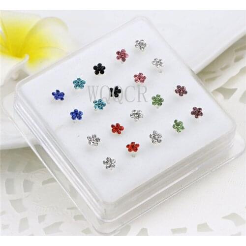 20Pcs/Box Body Nose Piercing Jewelry Nose Rings Nose Studs For Women Colored Crystal Flower Nose Nail Jewelry Wholesale