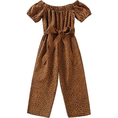 Fashion Kids Girls Jumpsuit Printed Pattern Short Sleeve Boat Neck One-piece Jumpsuit with Belt Girls Children Romper Costume