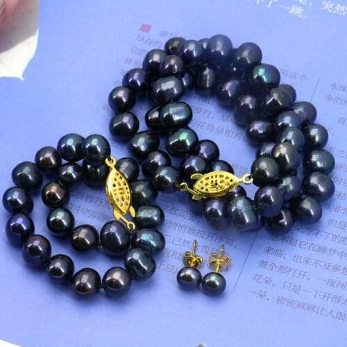 Black pearl necklace set fish buttons 8-9mm DIY beaded necklace 18" bracelet 7.5" earrings Women hot sale fashion