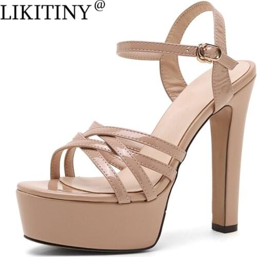 LIKITINY Summer Fashion Sexy High heels Womens party shoes Buckle strap Elegant Chunky heels ladies platform Black Sandals 33
