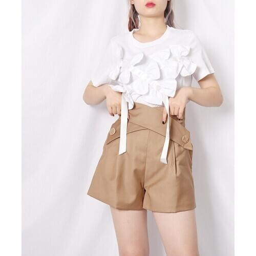 Trendy Bowknots Short Sleeve Womens T-shirt Summer Round Neck Solid Color Loose Tee Top