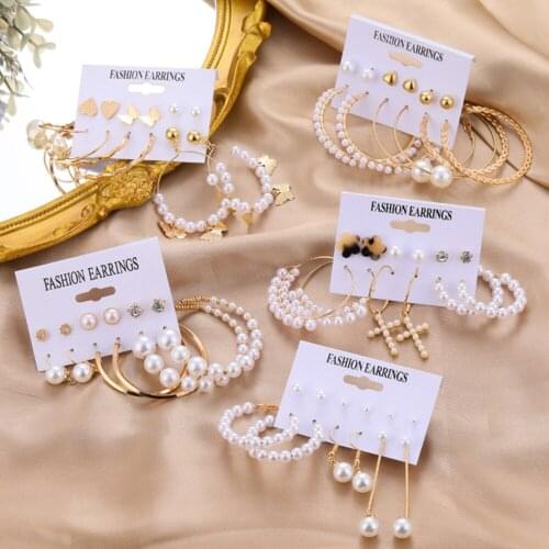 DIEZI Fashion Imitation Pearl Earrings For Women Girls Bohemian Geometric Irregular Butterfly Drop Earring Set Brincos Jewelry