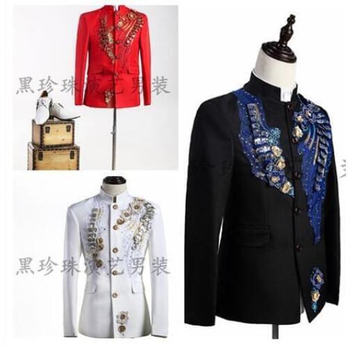 Mens clothing applique suit mens blazer men formal dress men suits designs masculino homme terno stage black white red fashion