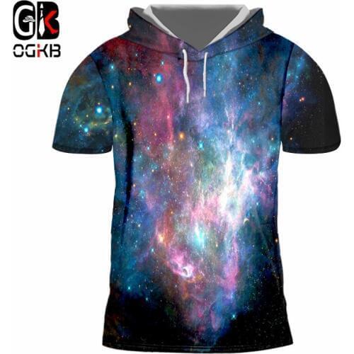 OGKB New Arrival Men/women Hiphop Streetwear Punk Tshirt With Cap Print Galaxy Space 3D T-shirt With Hood Short Sleeve Hoody 7xl