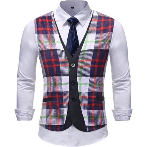 Mens New Arrival Suit Vest Sleeveless Line Design Fake Two Piece Waistcoat Slim Fit Business Wedding Men Print Three Button Casu
