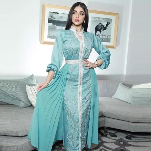 Sky Blue Moroccan Kaftan Caftan Muslim Evening Dresses Sheath Chiffon Beading Dubai Arabic Turkey Abaya Islamic Evening Gown