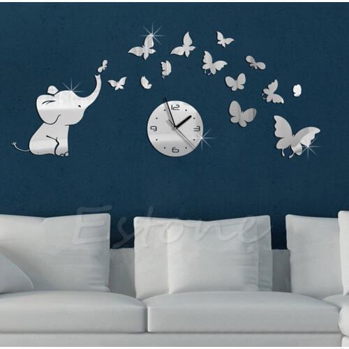 NEW 1Set 3D DIY Elephant Butterflies Mirror Wall Decal Wall Clock Sticker Art Decoration