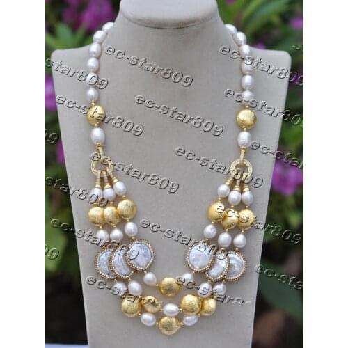 Z11428 3Strands 21" 27mm White Coin CZ Gold-plating Rice Pearl Necklace