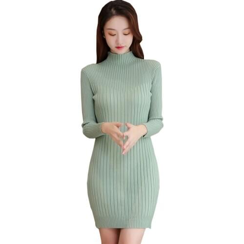 Women Winter Knitted Dress Fashion Bag hip Stretch Dresses New Female Slim Bottoming Vestir Long sleeve Turtleneck Sweater OK633