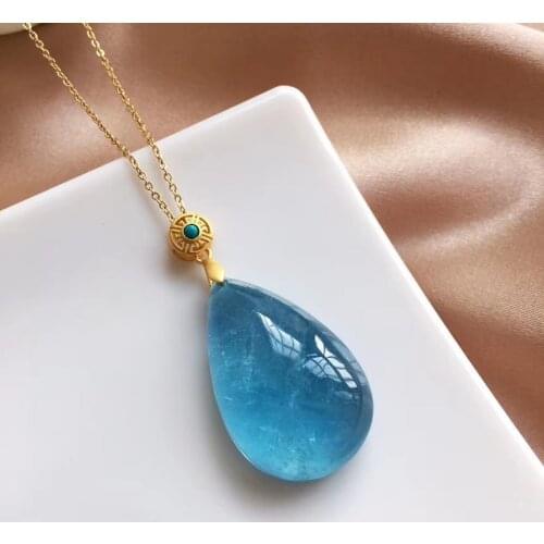 Genuine Natural Blue Aquamarine Water Drop Pendant Brazil 32*20.6mm Women 925 Sterling Silver Jewelry Aquamarine Necklace AAAAA
