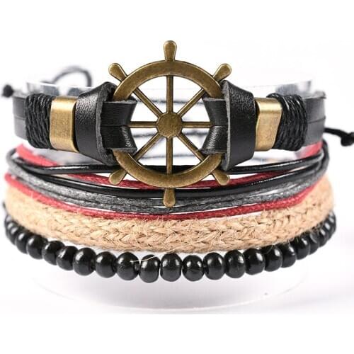 European and American retro rudder leather bracelet hand-woven leather mens bracelet multi-layer combination hand rope jewelry