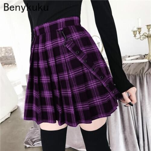 Plus Size Harajuku Short Pleated Skirt Women High Waist School Girl Korean Plaid Skirt Female Gothic Punk Sexy Mini Casual Skirt